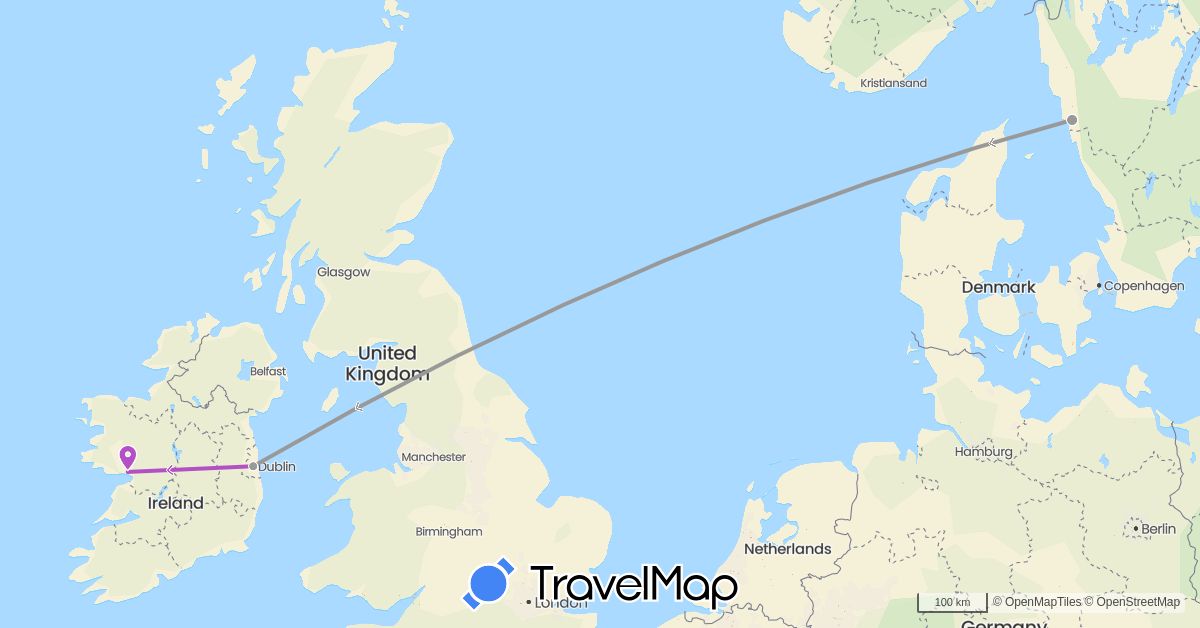 TravelMap itinerary: driving, plane, train in Ireland, Sweden (Europe)